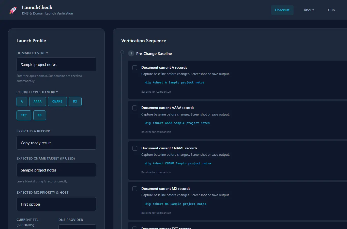 Screenshot of LaunchCheck: DNS & Domain Launch Verification interface showing the project page in use